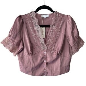 RIHOAS Pink Satin Lace Trim Crop Puff Sleeve Blouse with Button Detail